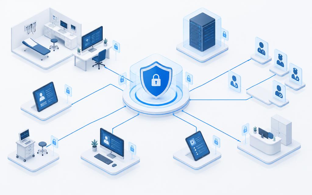 Illustration of clinic devices connected to a central security hub